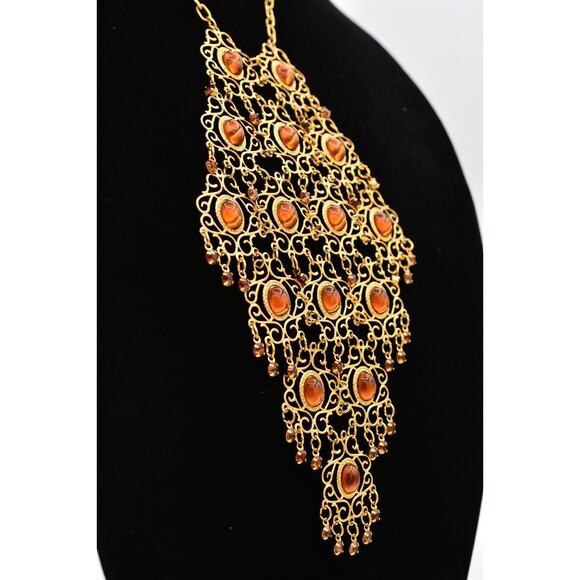 Vintage Cabochon Collar Bib Necklace Amber Dangle Retro Mid Century 60s Bin3C - Picture 5 of 12